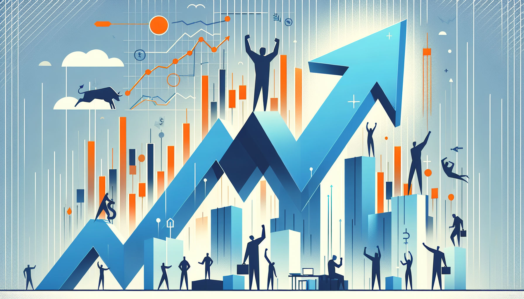 Bull market trends illustrated by an upward-trending arrow and celebrating figures