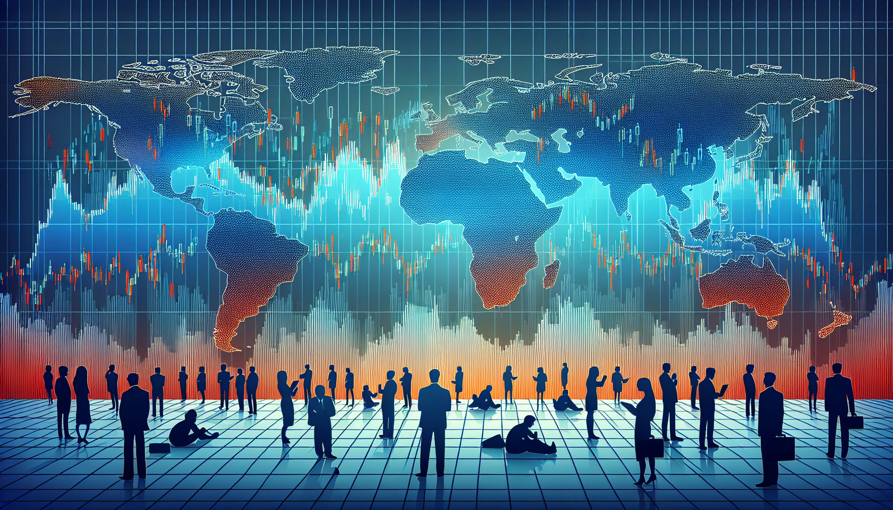 Illustration of investors on a world map with bull market trends