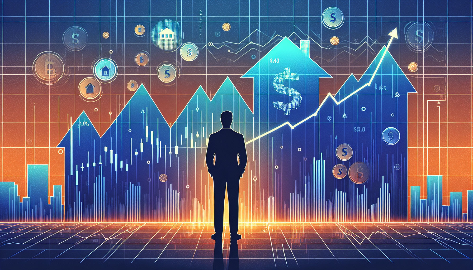 Silhouette in front of stock market chart illustrating bull market trends