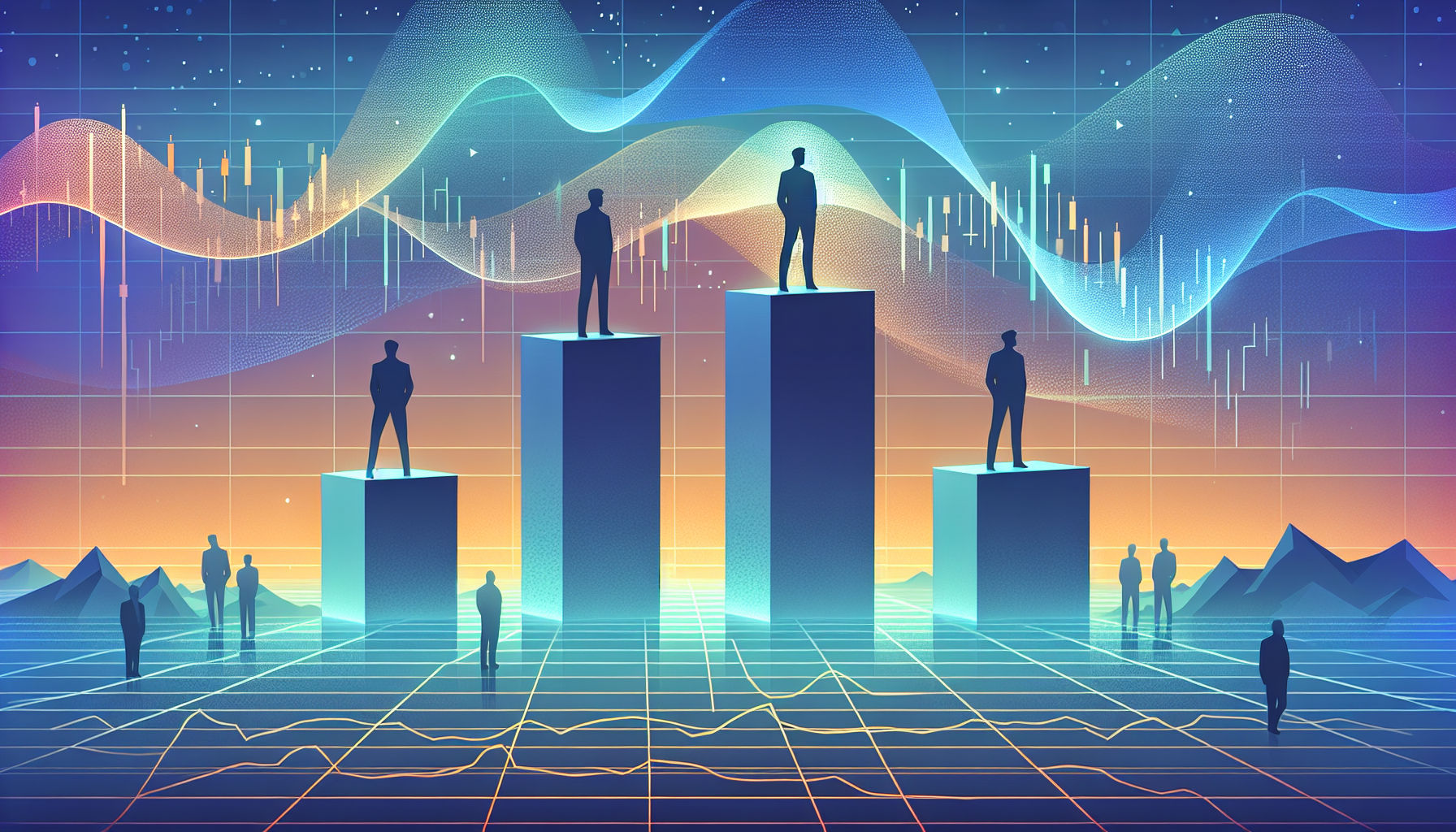 Illustration of bull market trends with investors on ascending podiums