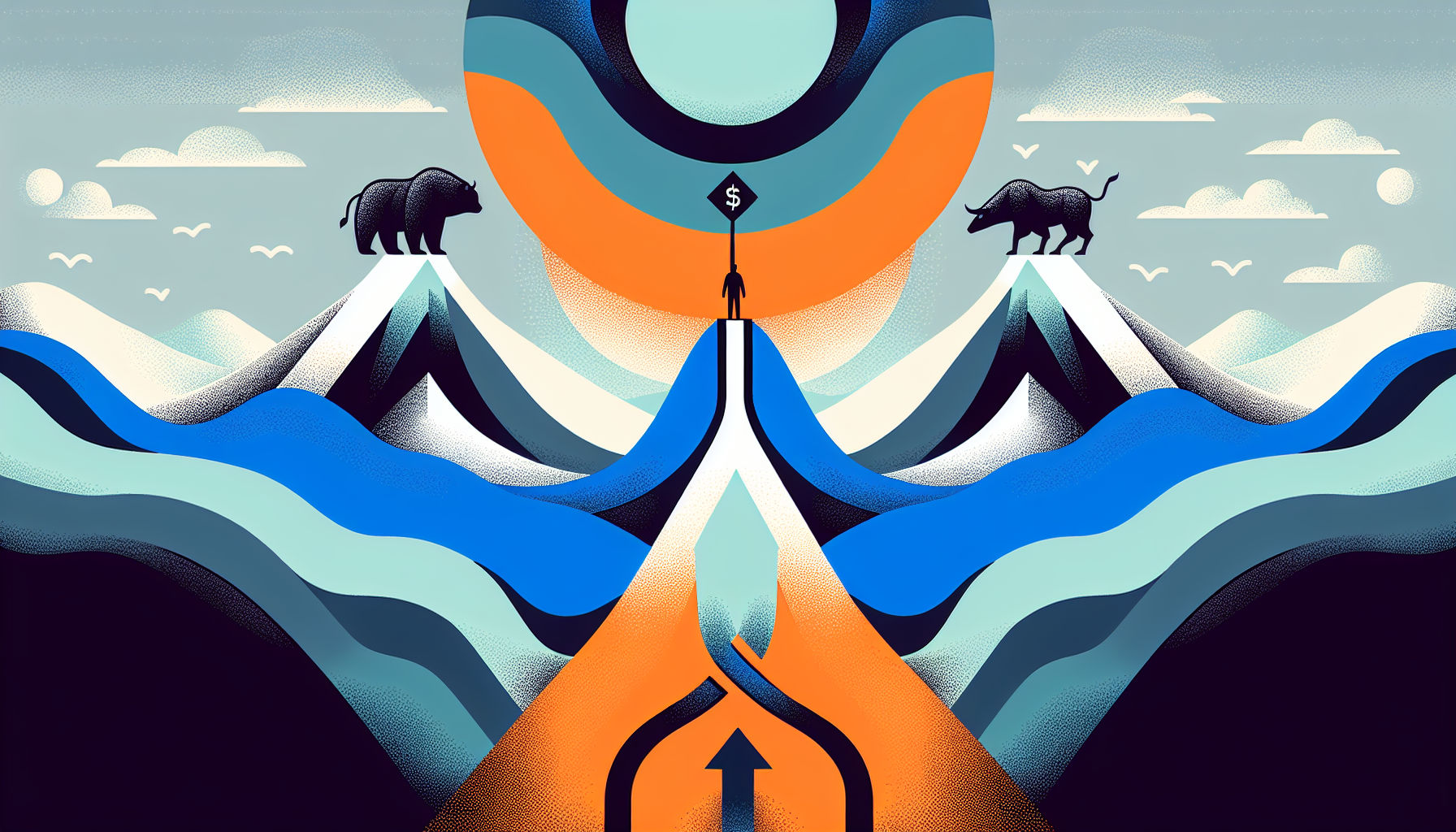 Abstract illustration of bull market trends with a figure at a crossroads
