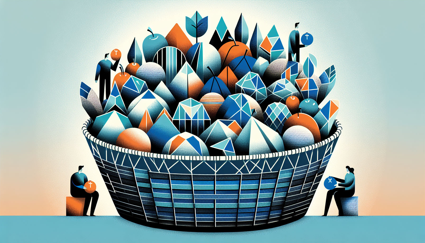 Basket filled with geometric fruits representing dividend mutual funds