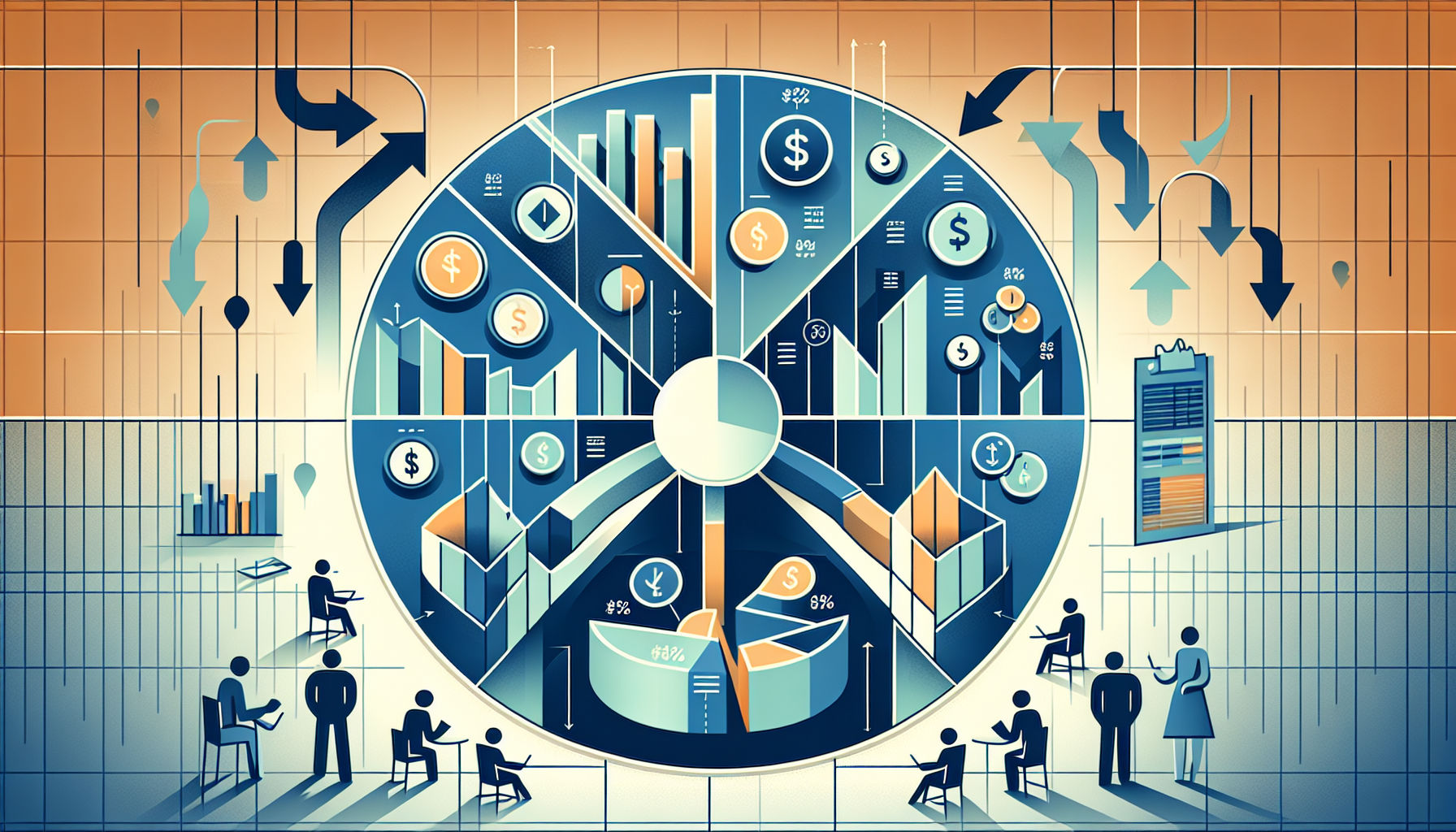 Illustration of dividend mutual funds with pie chart and investment icons