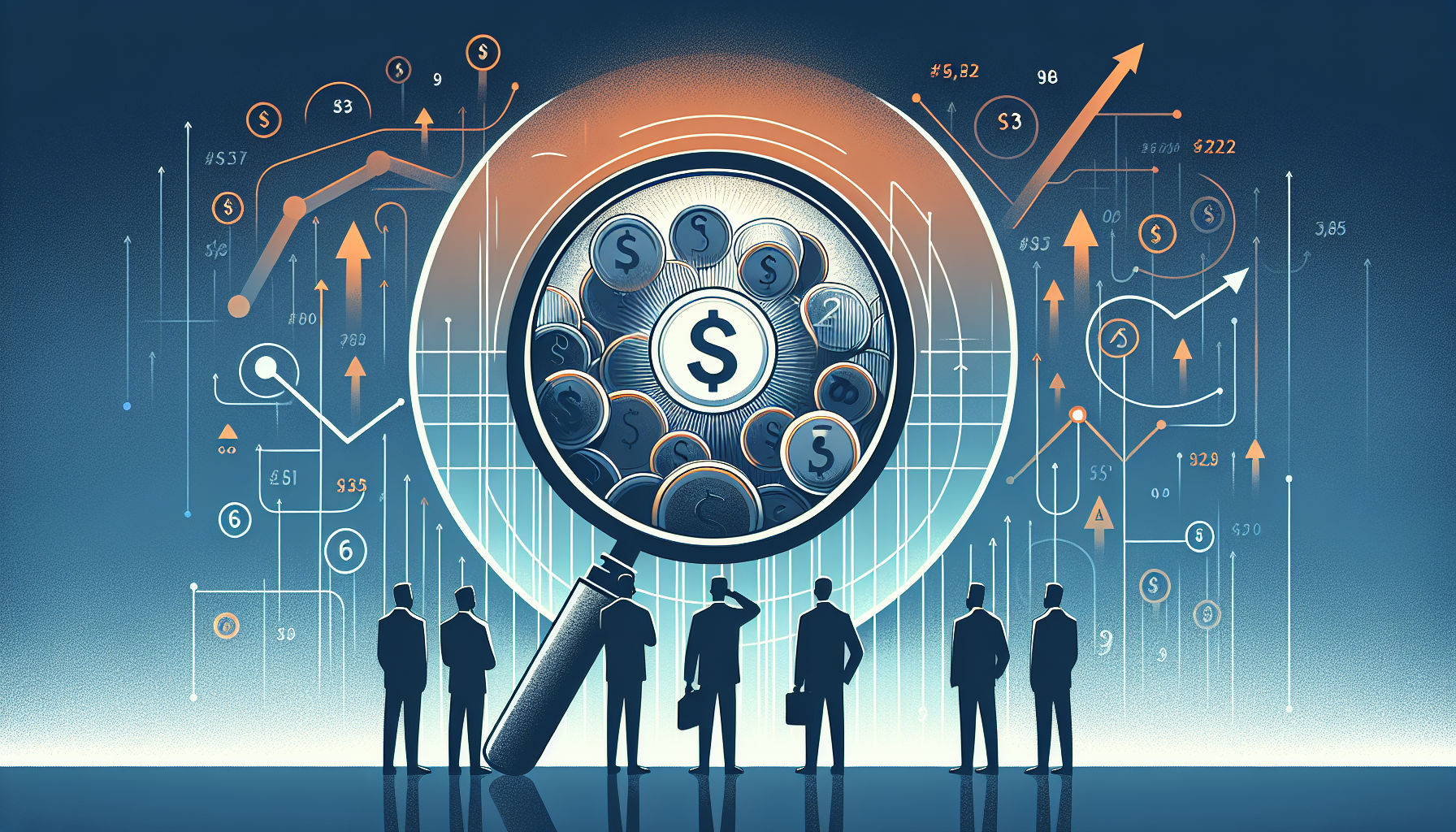 Illustration of figures examining coins through a magnifying glass symbolizing roi meaning