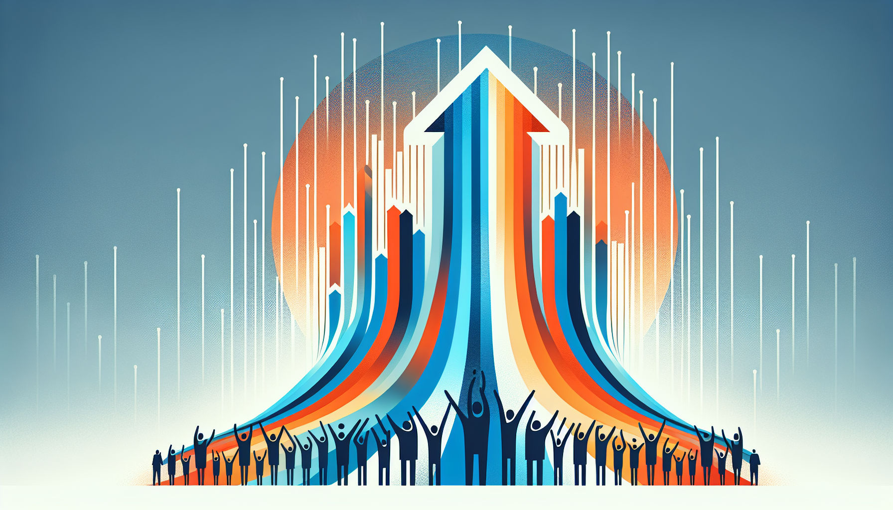 Illustration of ascending arrow and cheering investors representing roi meaning