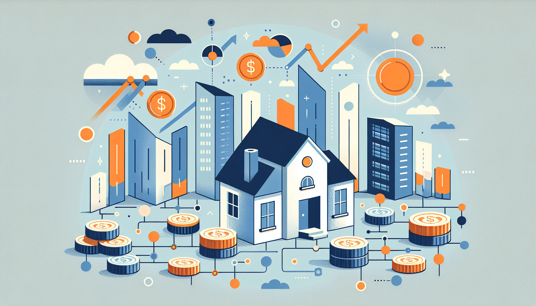 Illustration of investment portfolio with buildings, graphs, and coin stacks representing ROI meaning