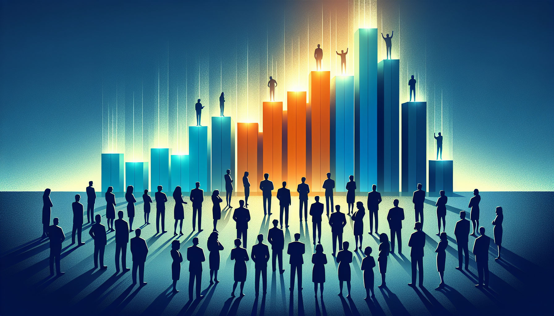 Silhouetted figures looking at a glowing bar chart illustrating roi meaning